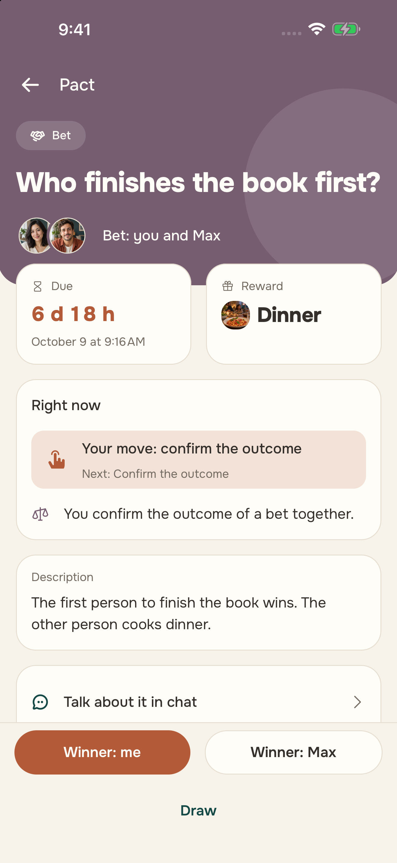 Nina and Max’s bet: finish the book first, with dinner at stake