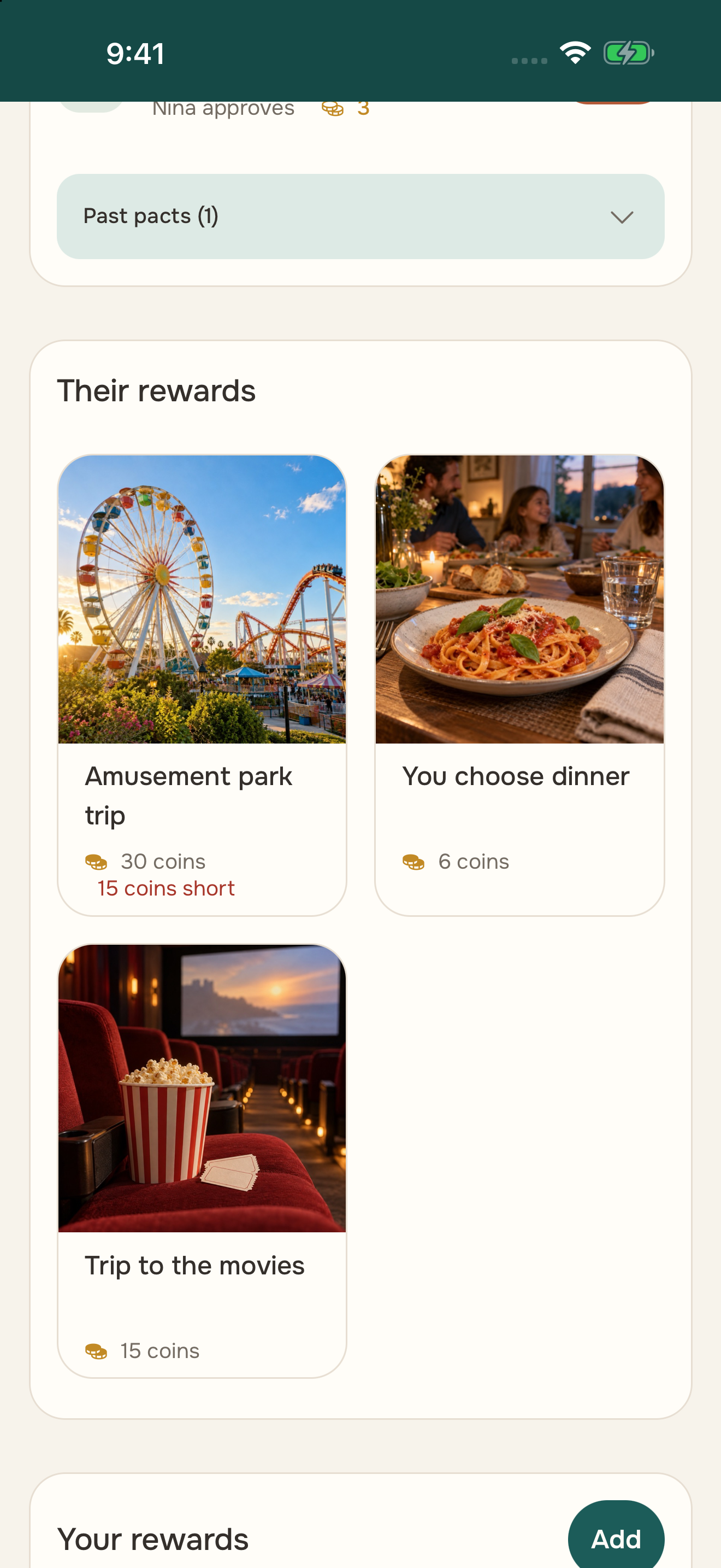 Nina’s catalog for Artem: a trip to the movies, dinner of his choice and an amusement park trip, with prices in coins