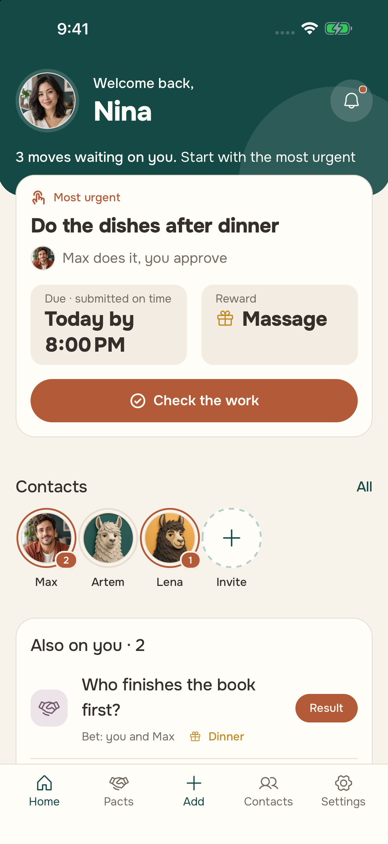 Alpacto home screen: Nina’s agreements with the people close to her