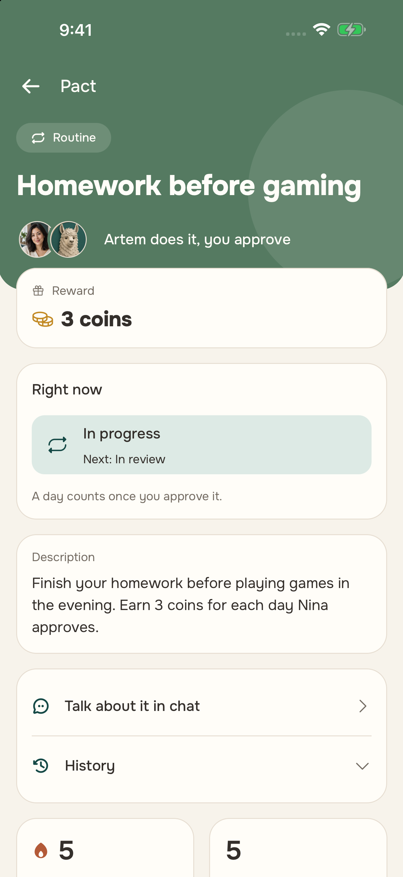 Artem’s routine: homework before gaming for three coins per day