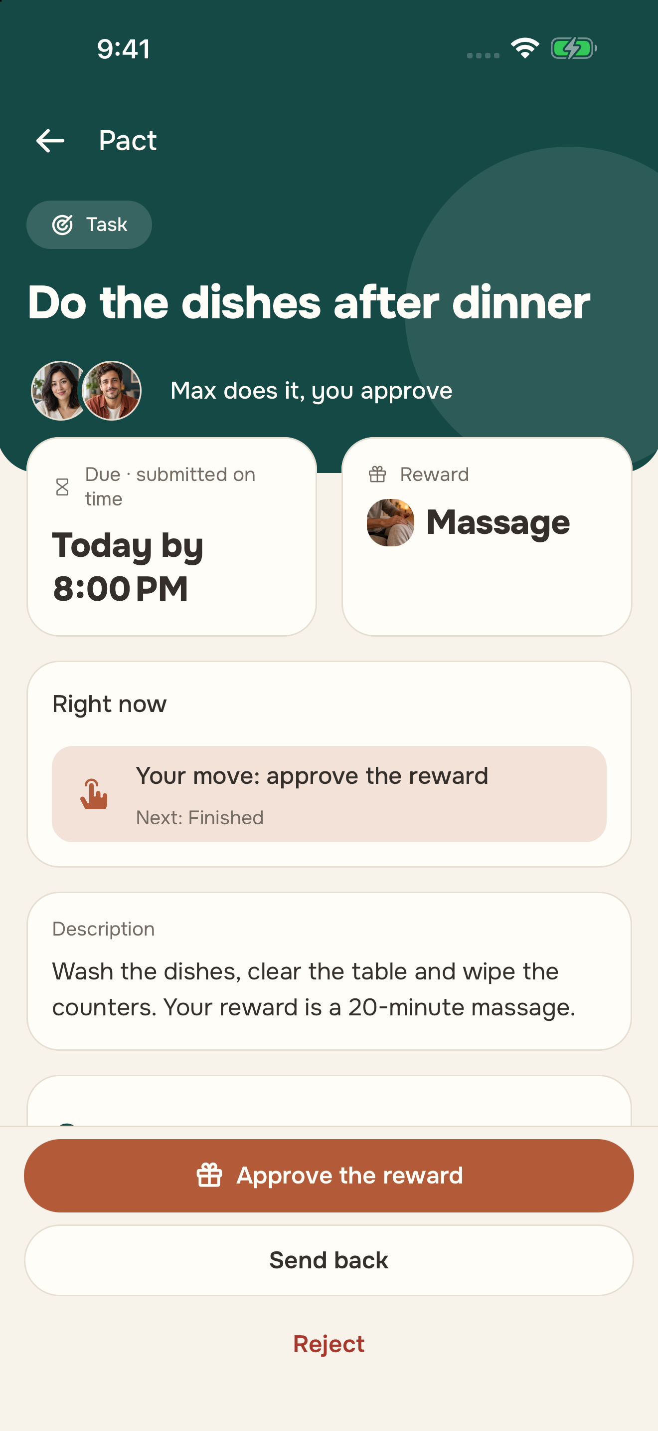 Max’s task: do the dishes after dinner for a massage