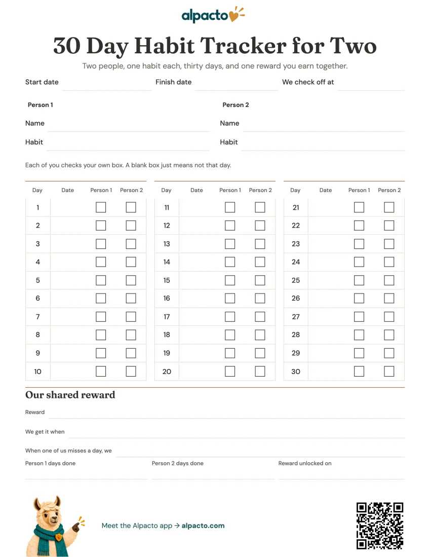 30 day habit tracker for two printable, blank