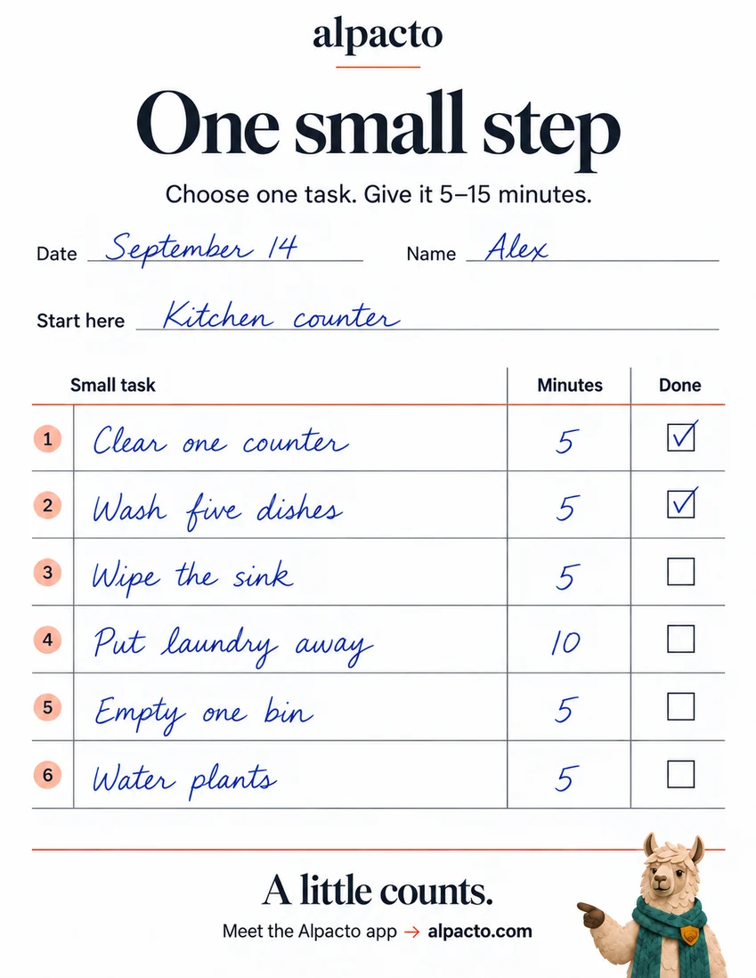 One small step sheet filled in as an example: Kitchen counter, six small tasks with minutes, two ticked