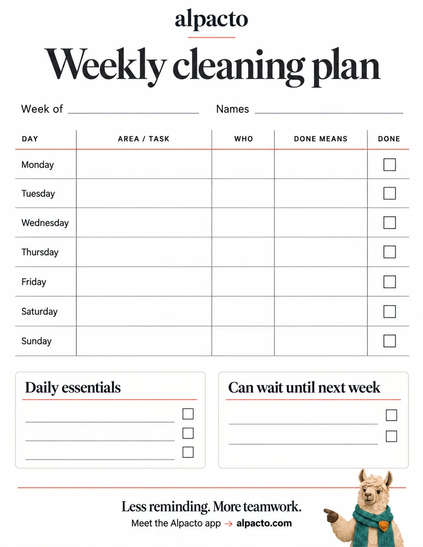 Weekly cleaning plan sheet, minimal design, blank