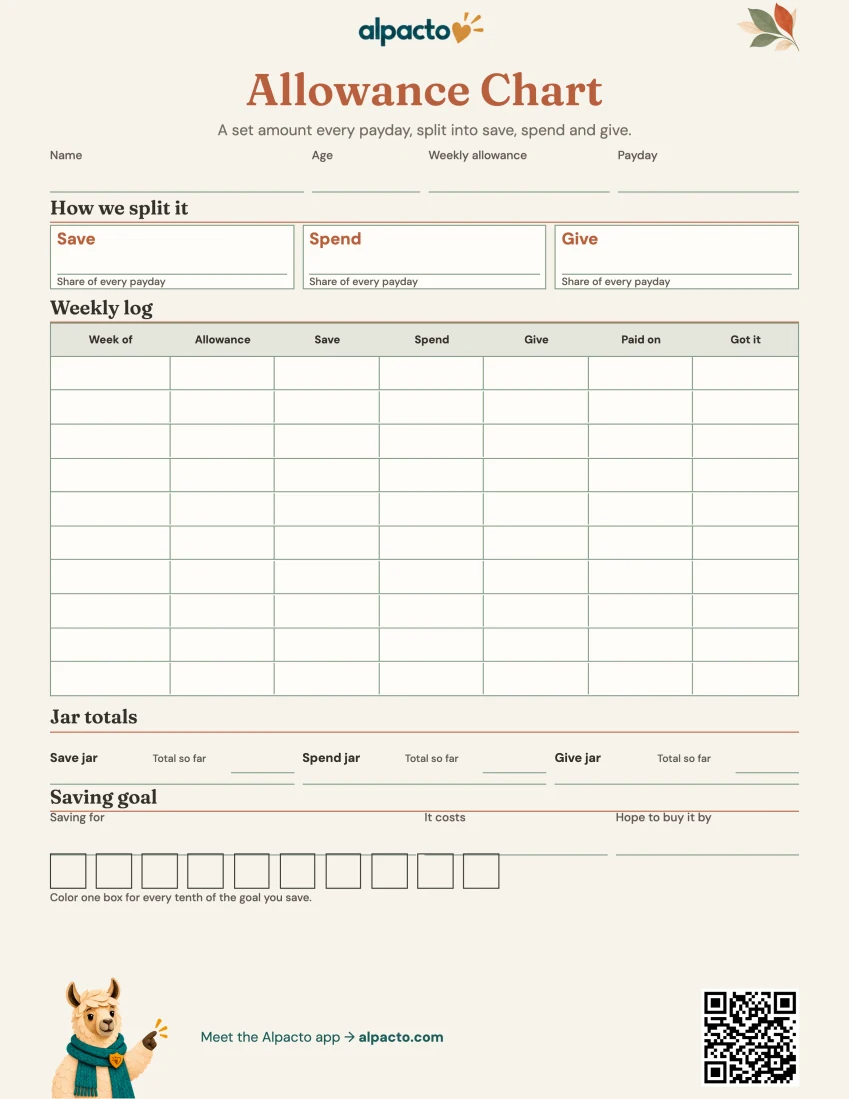 Fixed allowance chart, warm design, blank