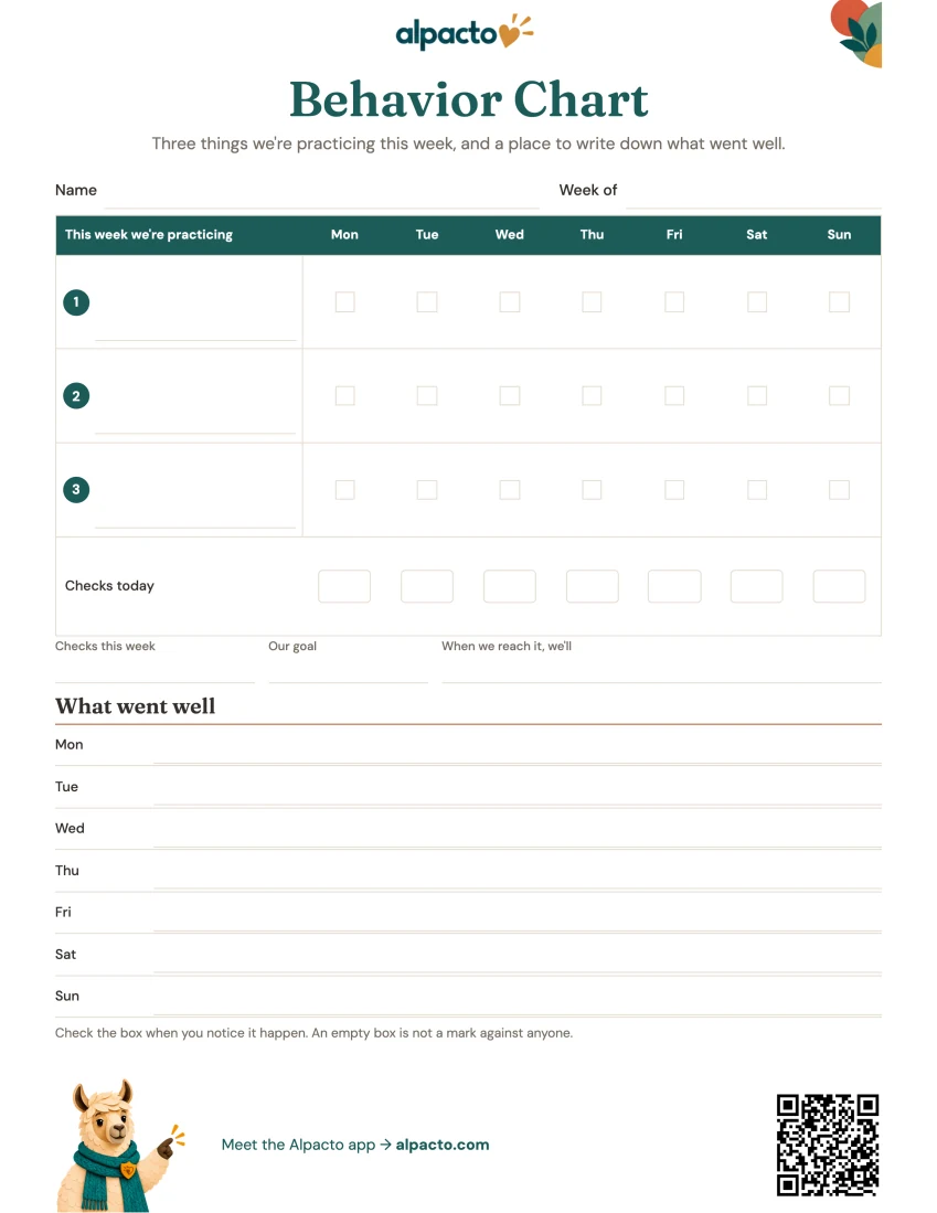 Blank behavior chart, color design, teal header row and numbered circles