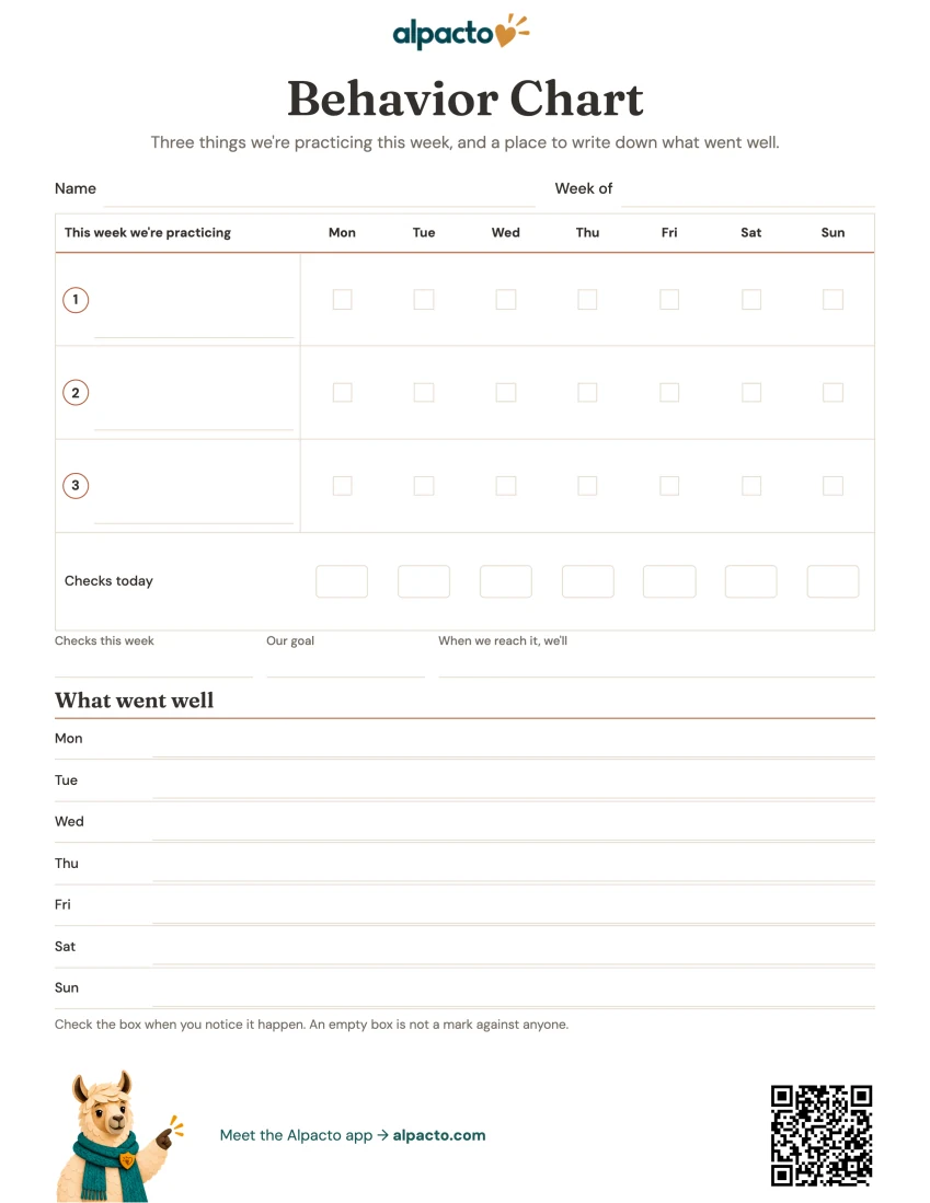 Behavior chart printable, blank