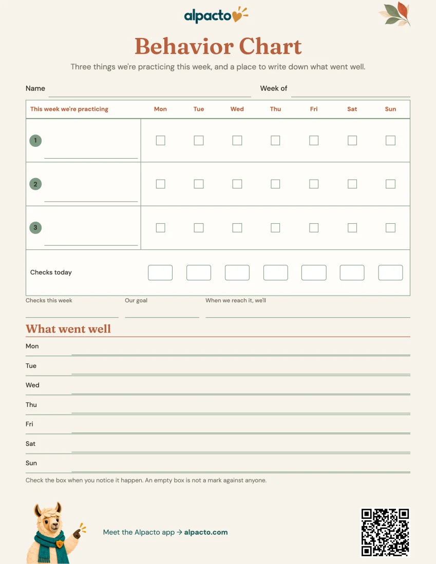 Blank behavior chart, warm design, cream paper with sage lines
