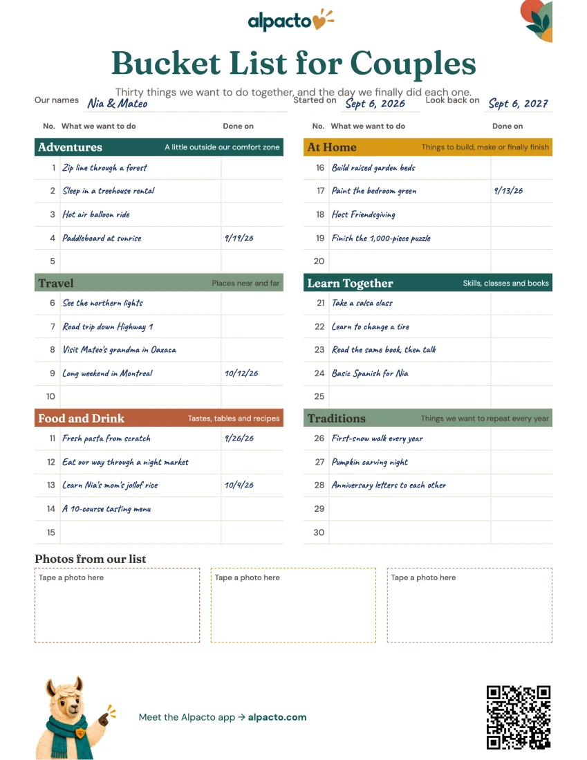 Filled-in bucket list for Nia and Mateo with 23 lines written and five dates in the Done on column