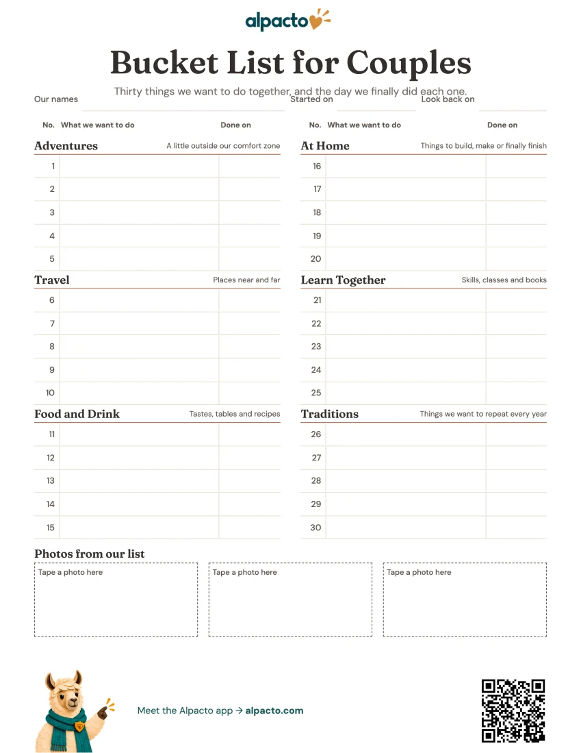 Bucket list for couples printable, blank