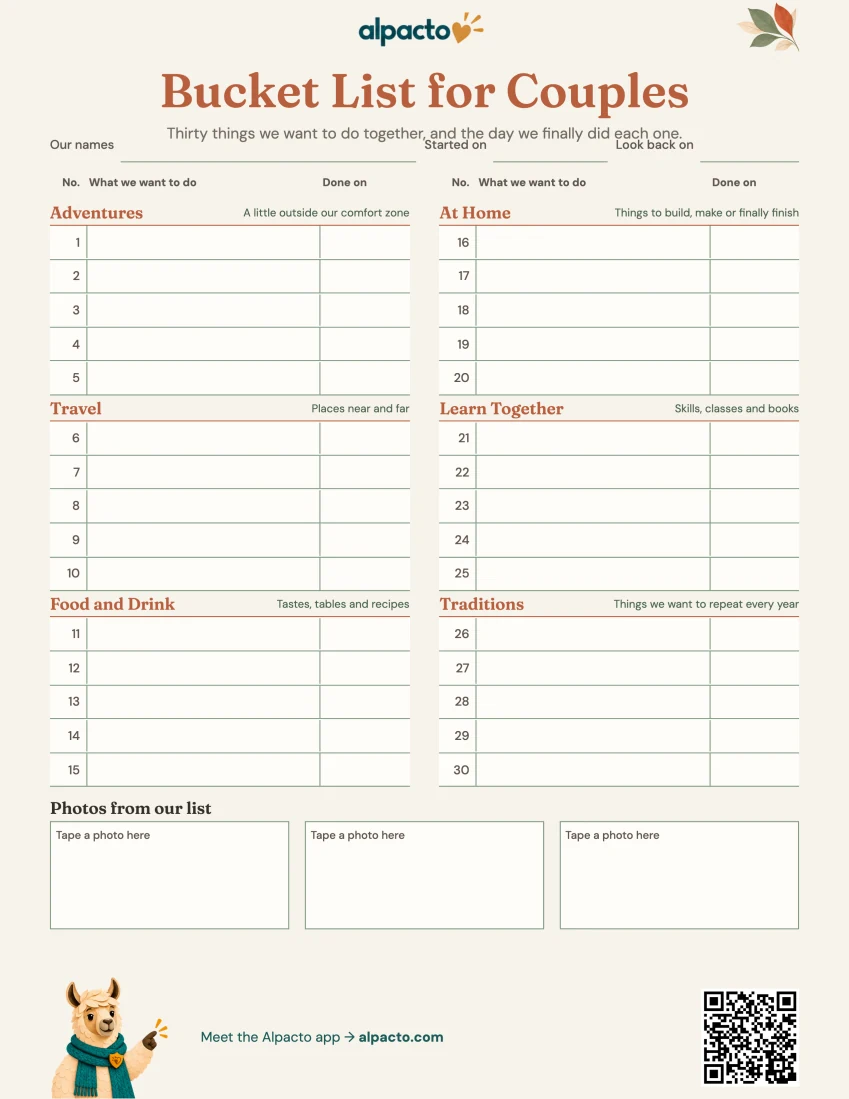 Bucket list for couples, warm design, blank