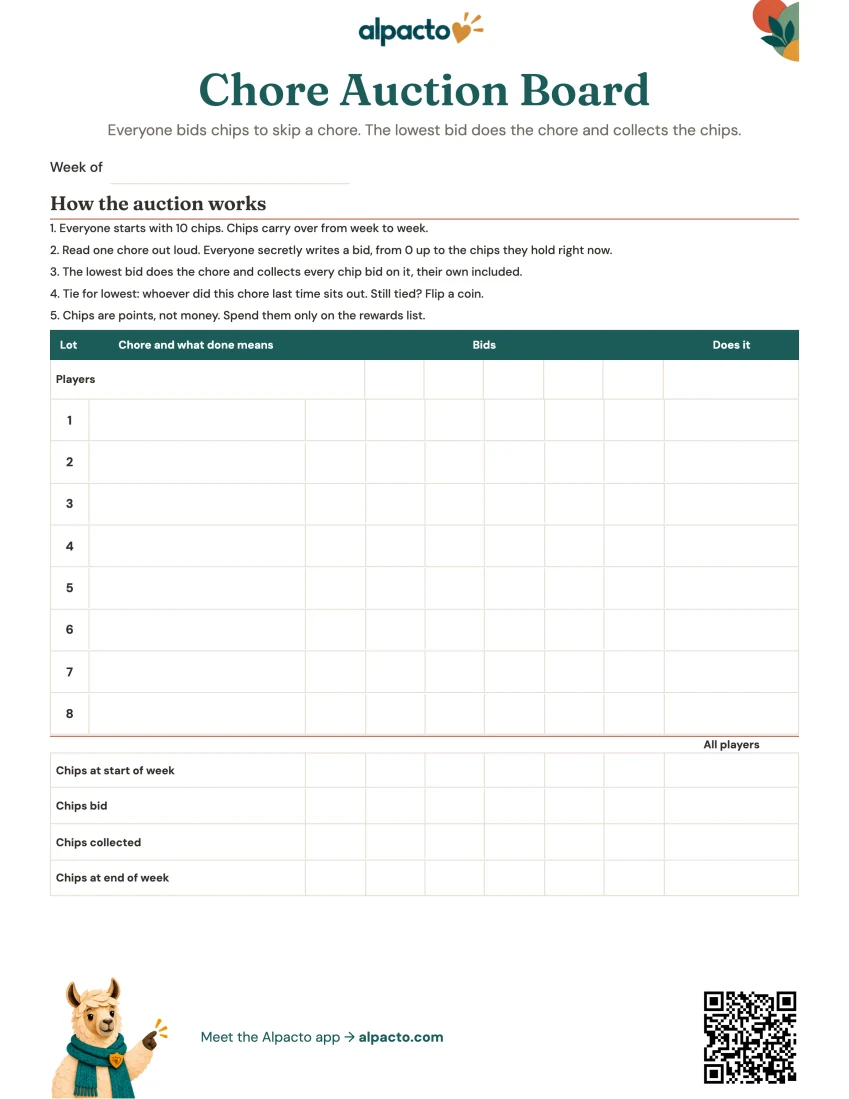 Chore auction board, color design, blank