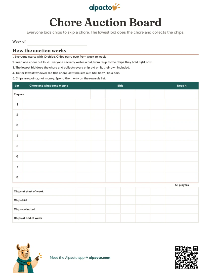 Chore auction board printable, blank