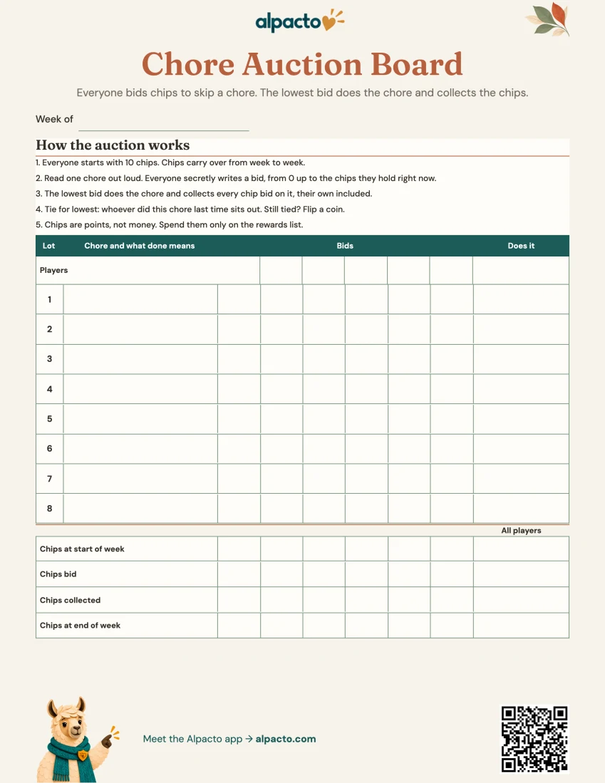 Chore auction board, warm design, blank