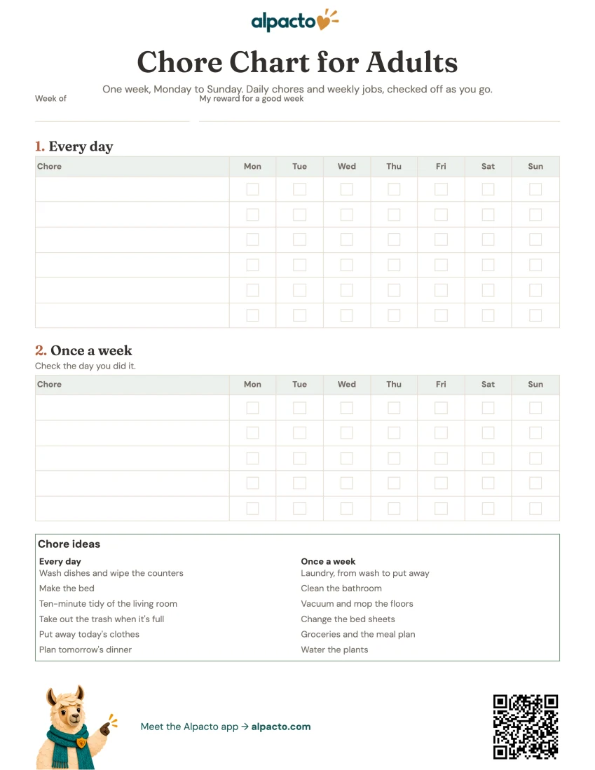 Chore chart for one adult, minimal design, blank