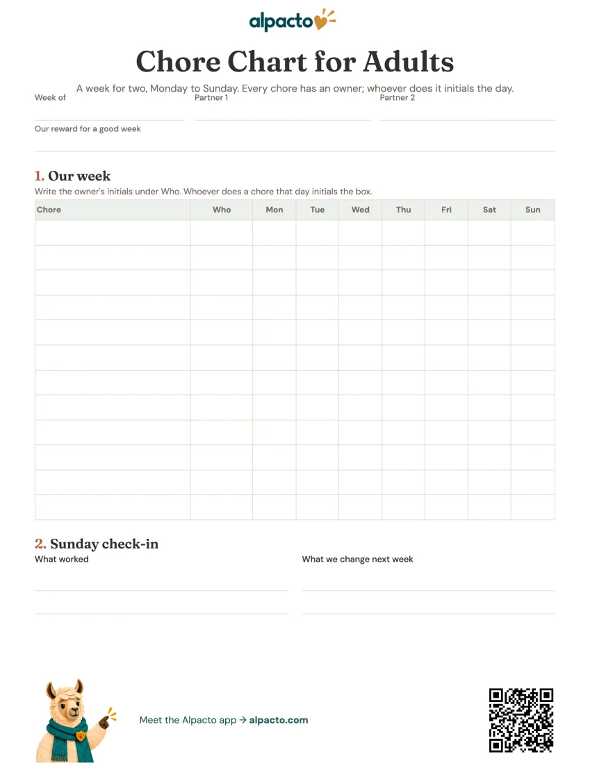 Chore chart for adults printable, blank