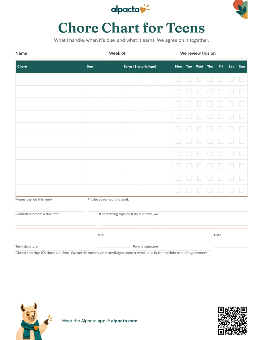 Blank chore chart for teens in the color design, a teal header row over the table