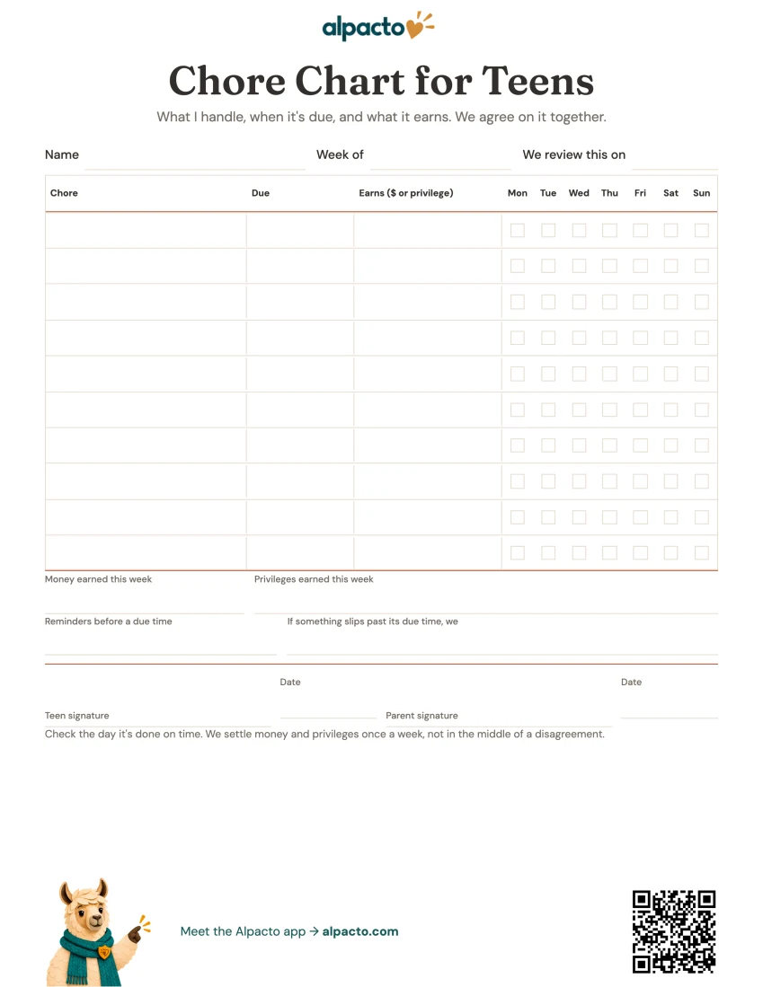 Chore chart for teens printable, blank