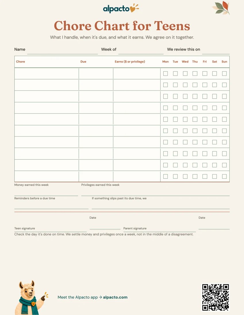 Blank chore chart for teens in the warm design, cream paper with terracotta headings