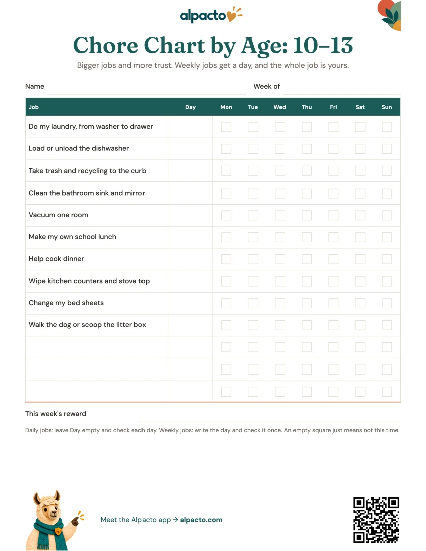 Chore chart for ages 10 to 13, blank, color design, with a Day column