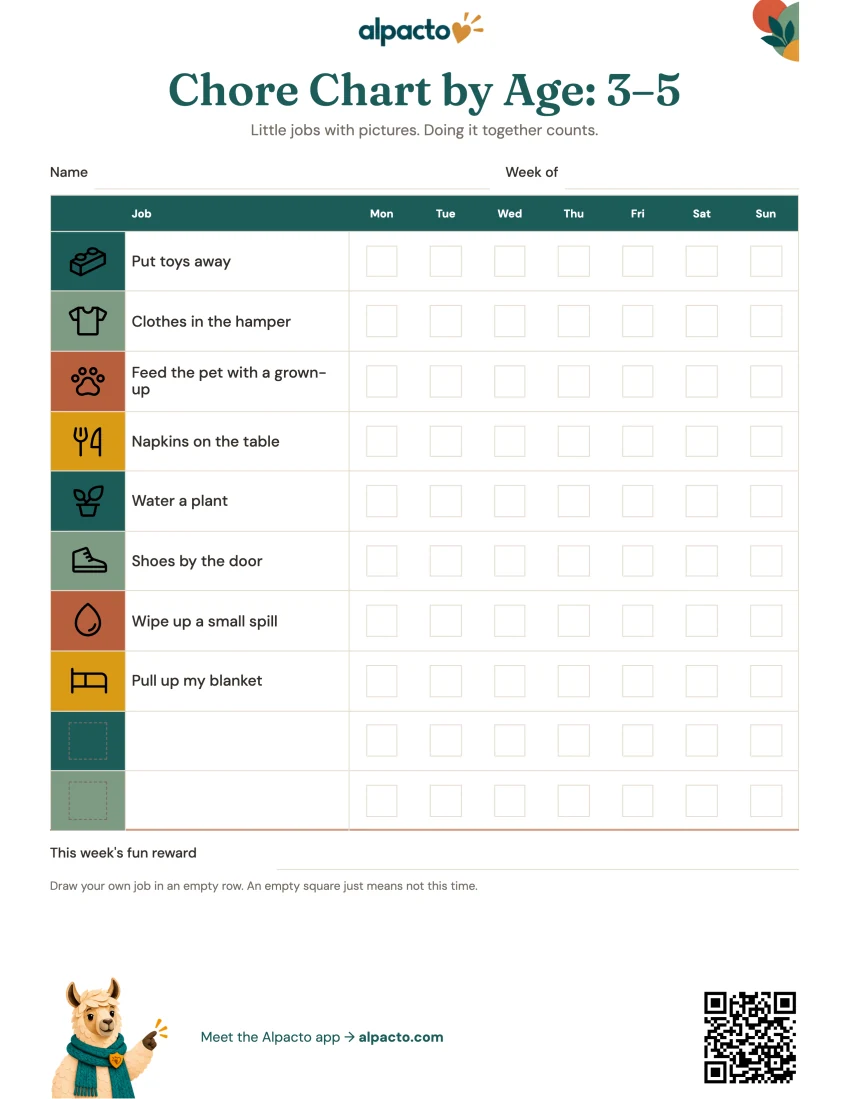 Chore chart for ages 3 to 5, blank, color design, with a picture for each job