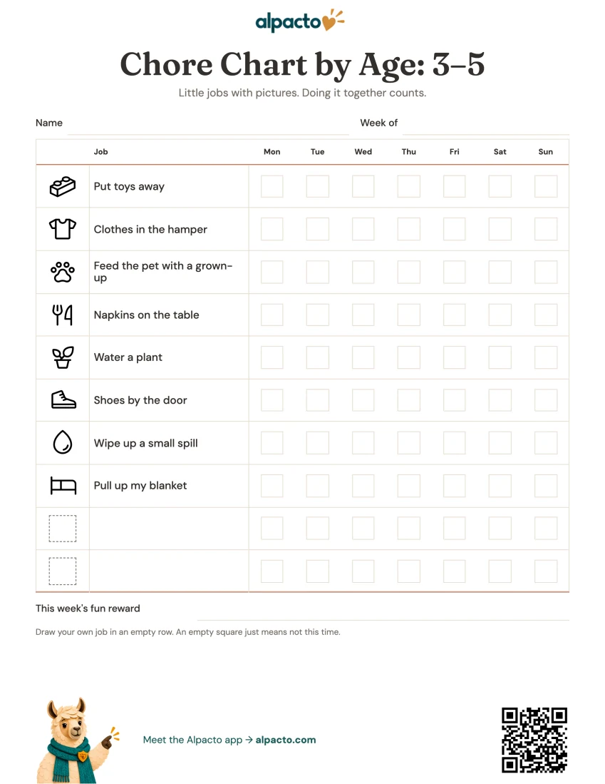 Blank chore chart for ages 3 to 5, minimal design: eight jobs with a small picture each, seven day columns and two empty rows