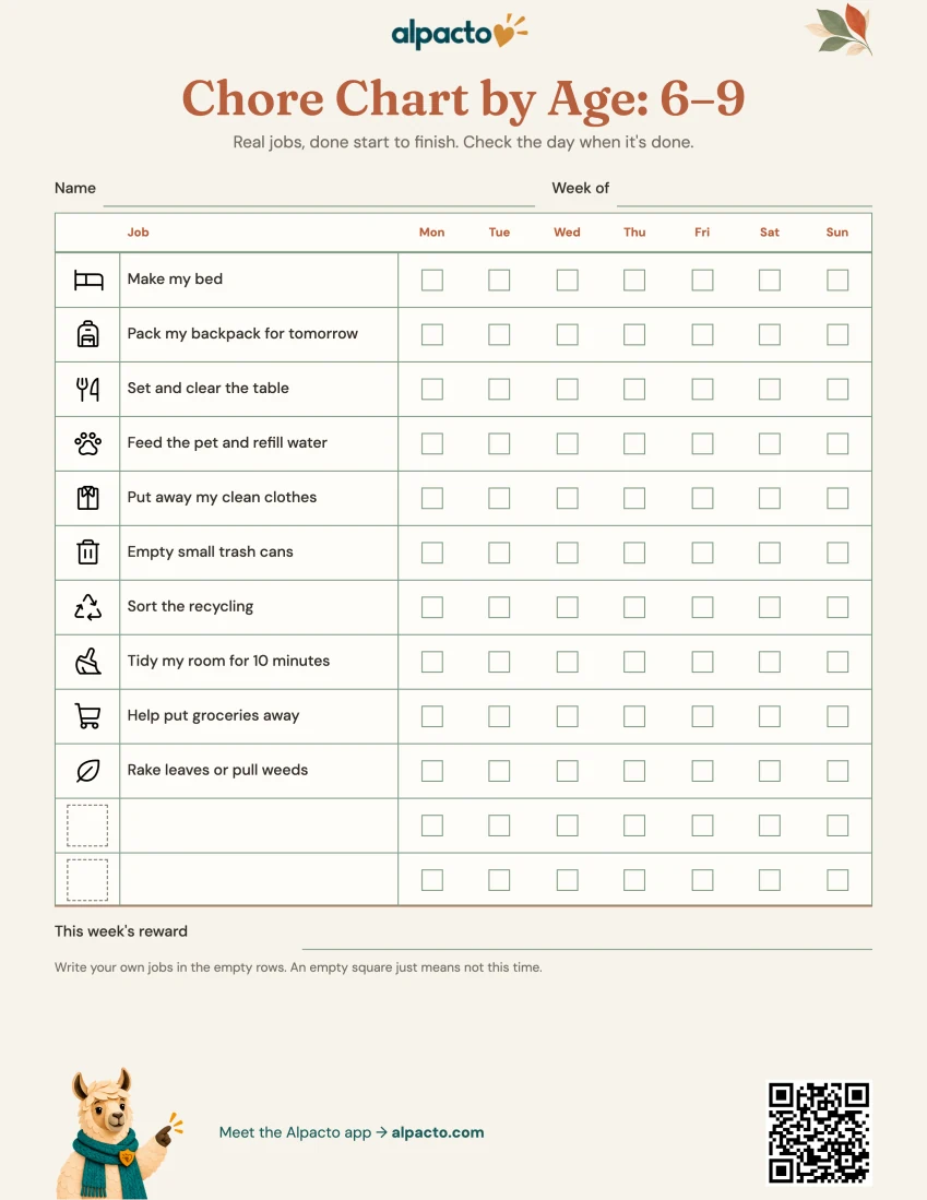 Chore chart for ages 6 to 9, blank, warm design, ten printed jobs