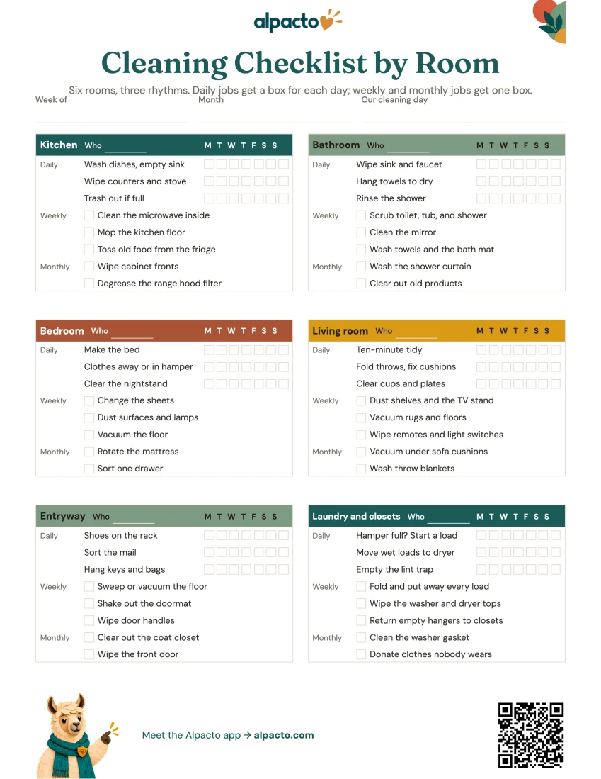 Cleaning checklist by room, color design, blank