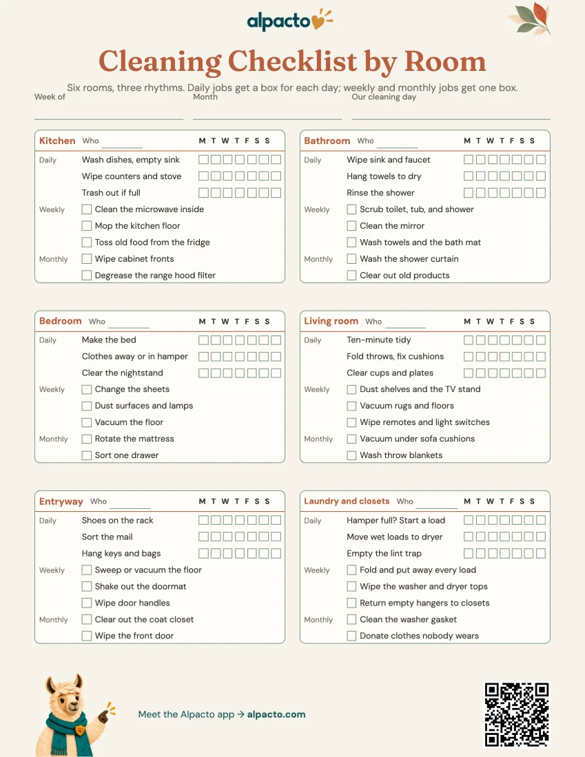 Cleaning checklist by room, warm design, blank
