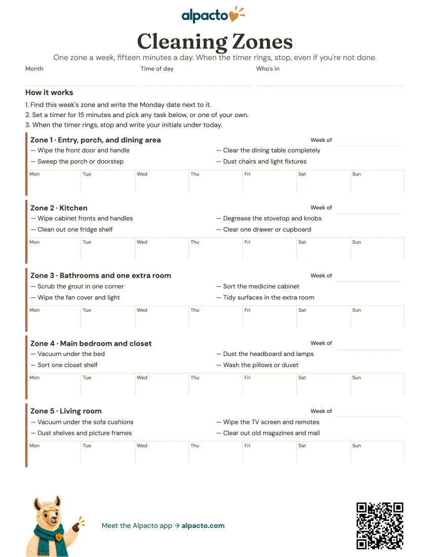 Cleaning Zones sheet, blank page with five zones and day cells for initials