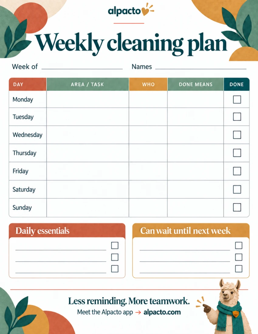 Weekly cleaning plan, color design, blank