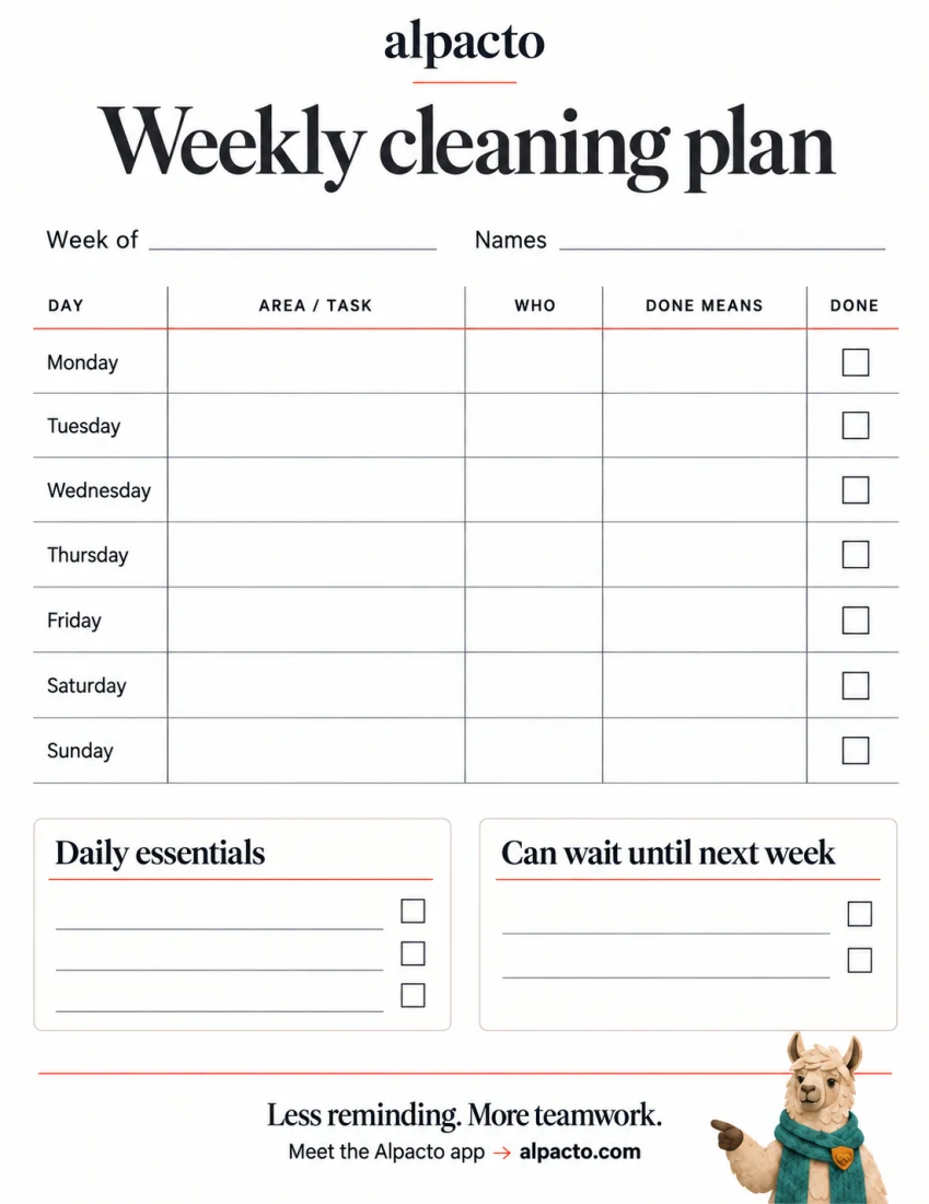 Weekly cleaning schedule printable, blank