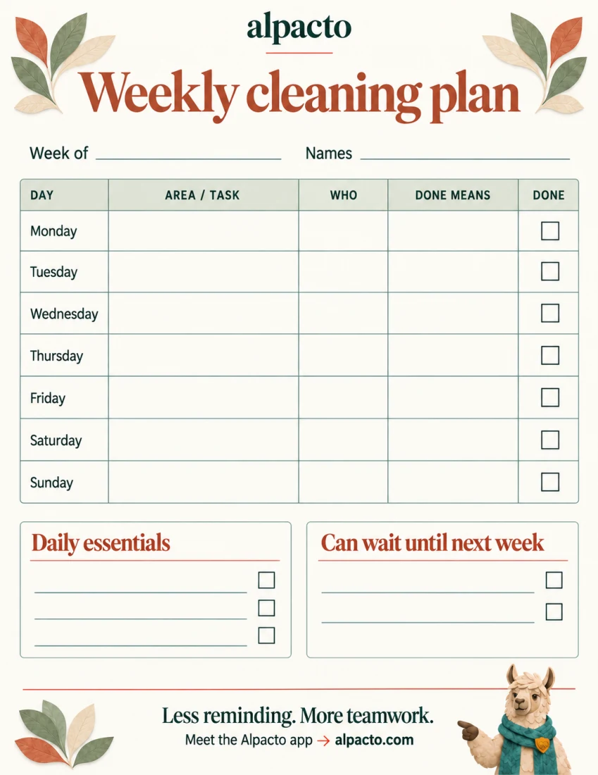 Weekly cleaning plan, warm design, blank
