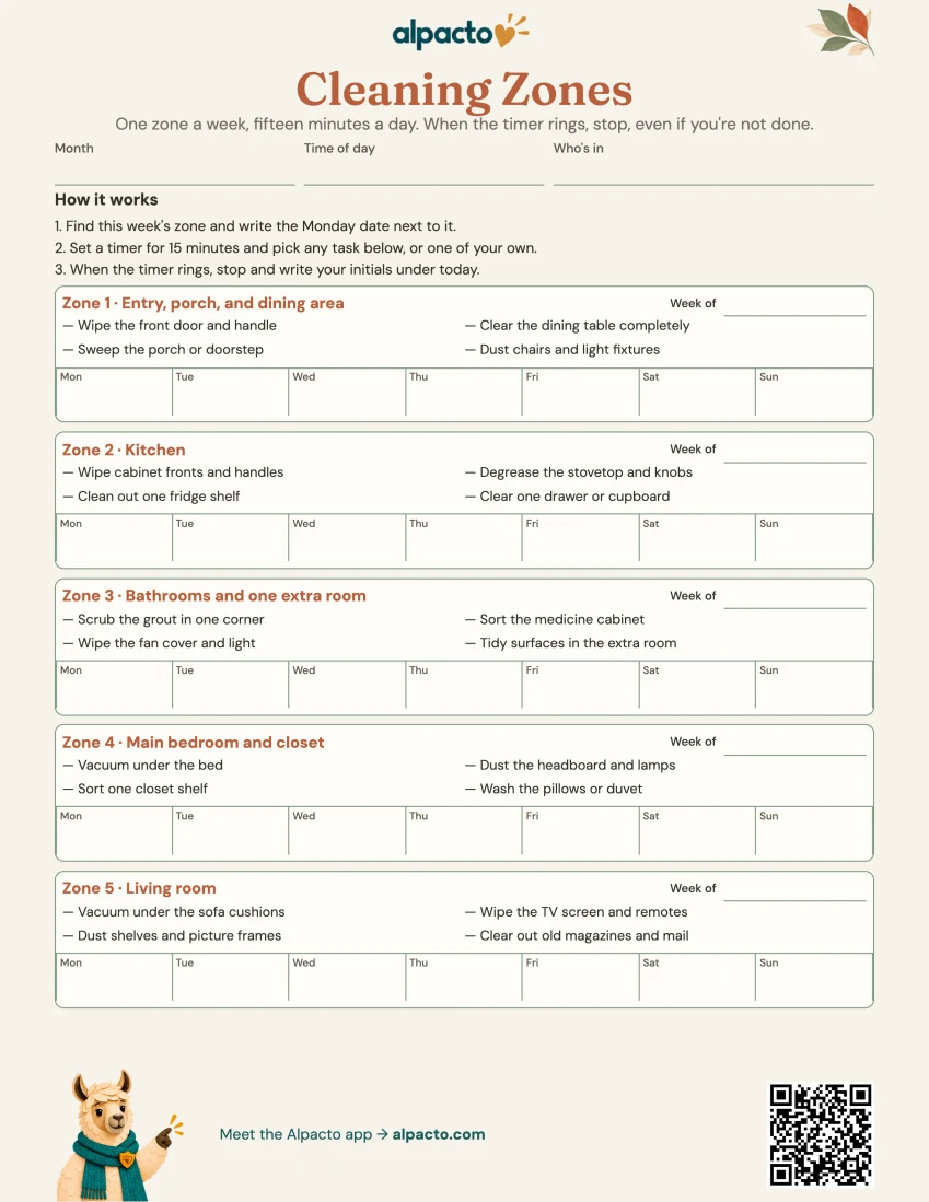 A blank printable sheet with five cleaning zones and a row of day cells, warm design