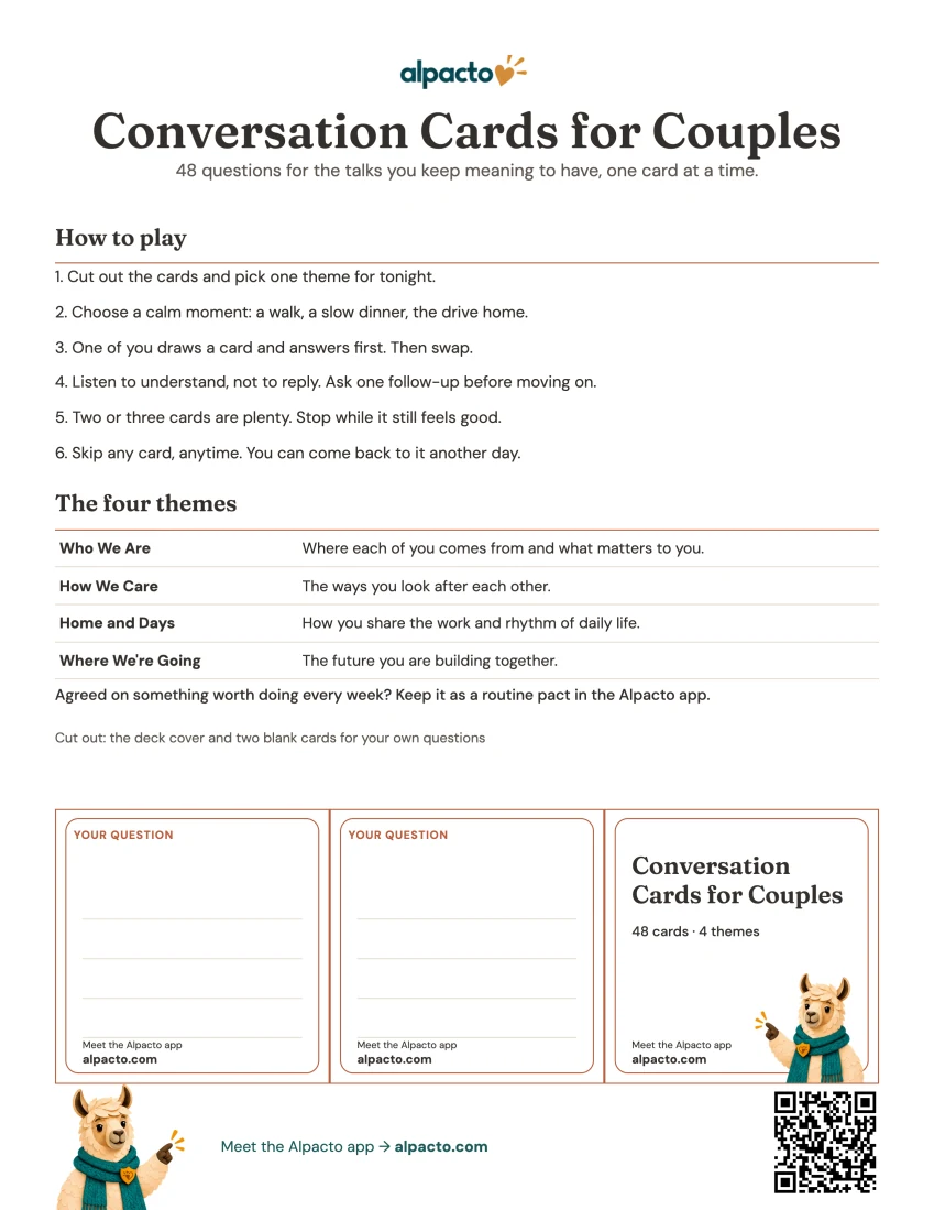 Conversation cards for couples, minimal design, blank printable sheet