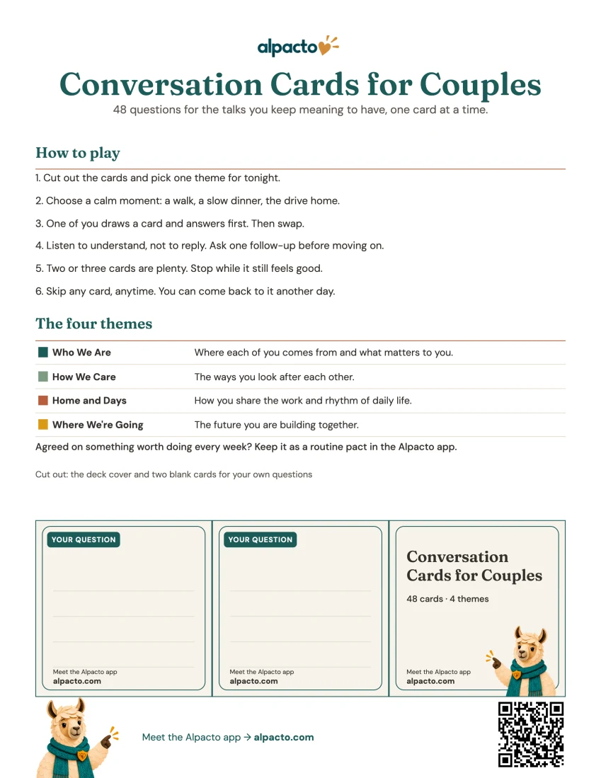 Conversation cards for couples, multicolor design, blank printable sheet
