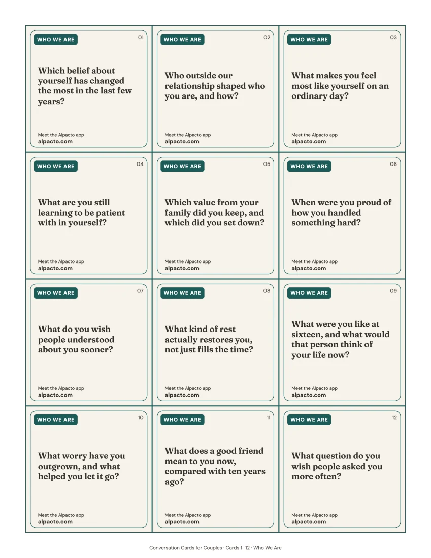 Conversation cards for couples printable, one card page