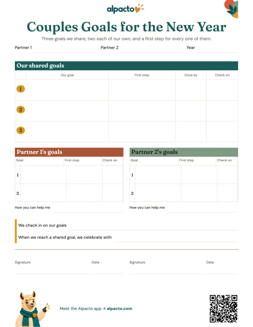Blank couples goals for the new year sheet, color design, a teal band over the shared goals and terracotta and sage bands over the personal goals