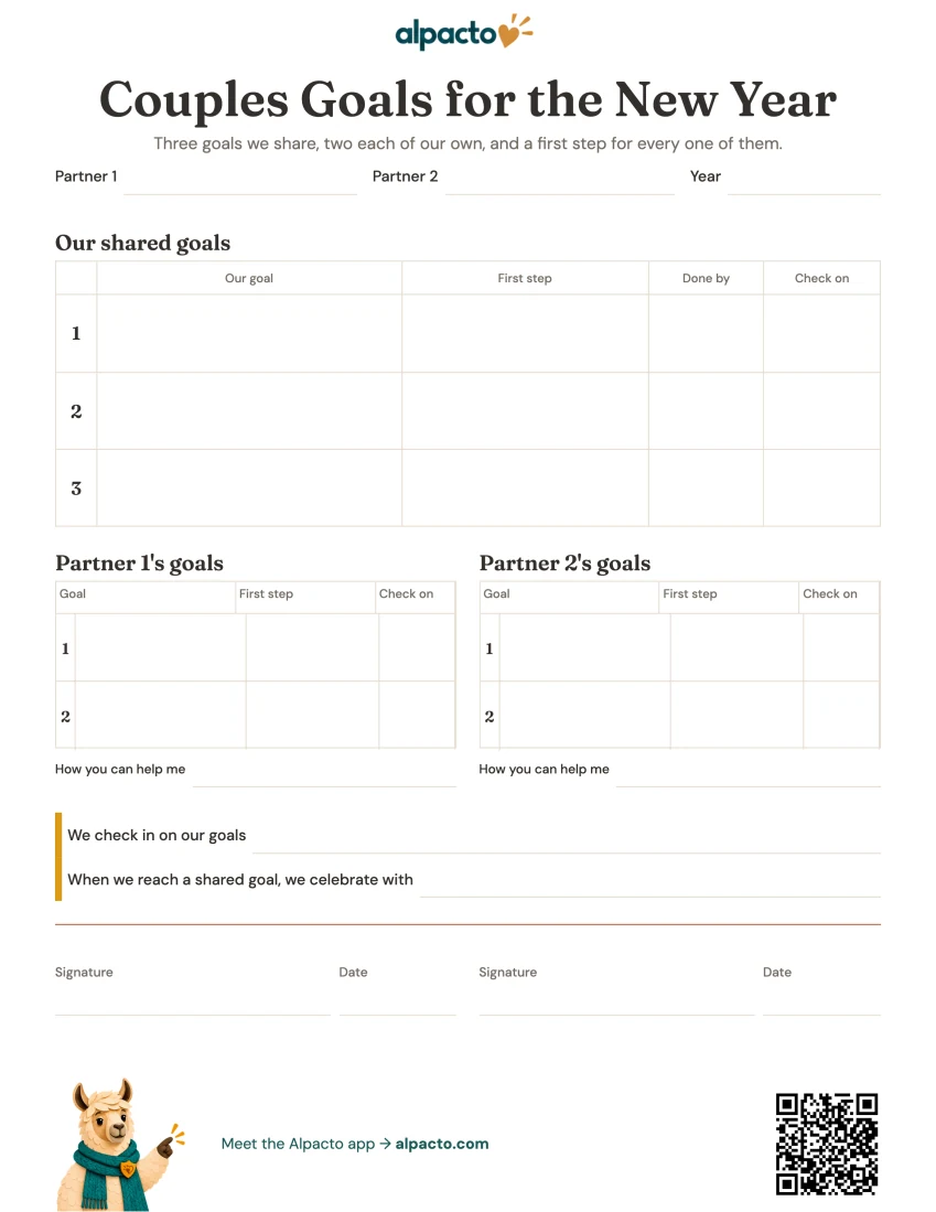 Couples goal setting worksheet printable, blank