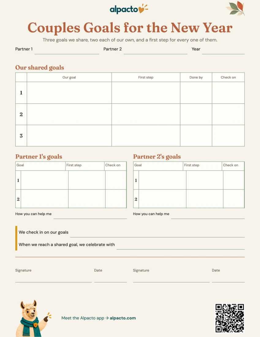Blank couples goals for the new year sheet, warm design, cream paper with terracotta headings and sage lines