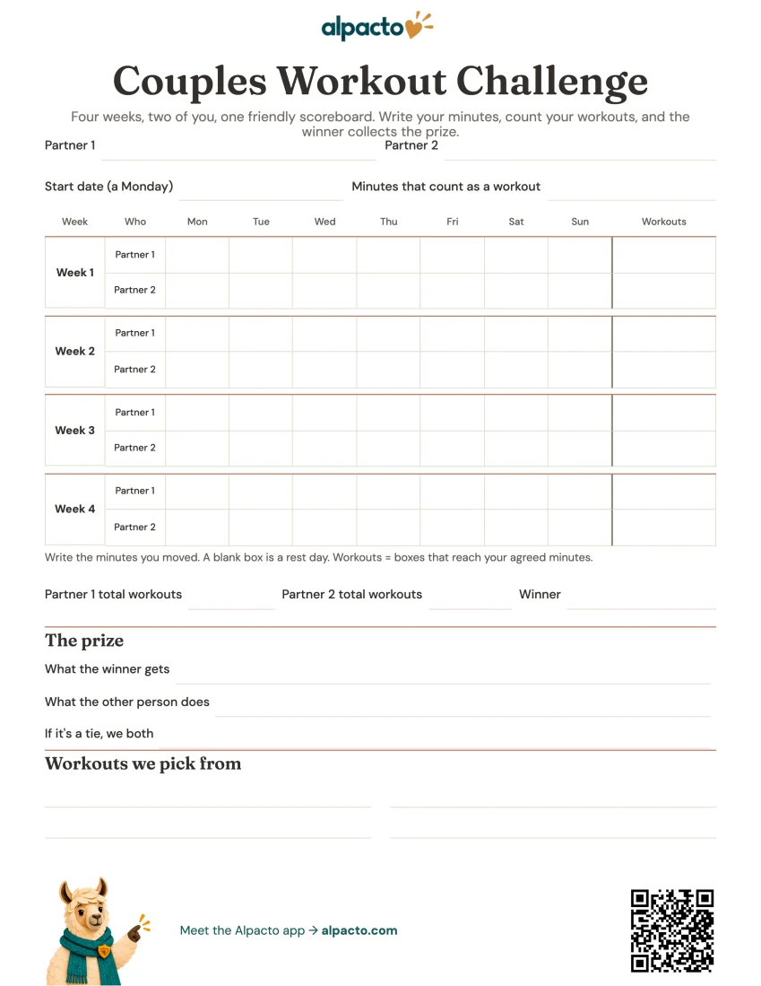 Couples workout challenge printable, blank