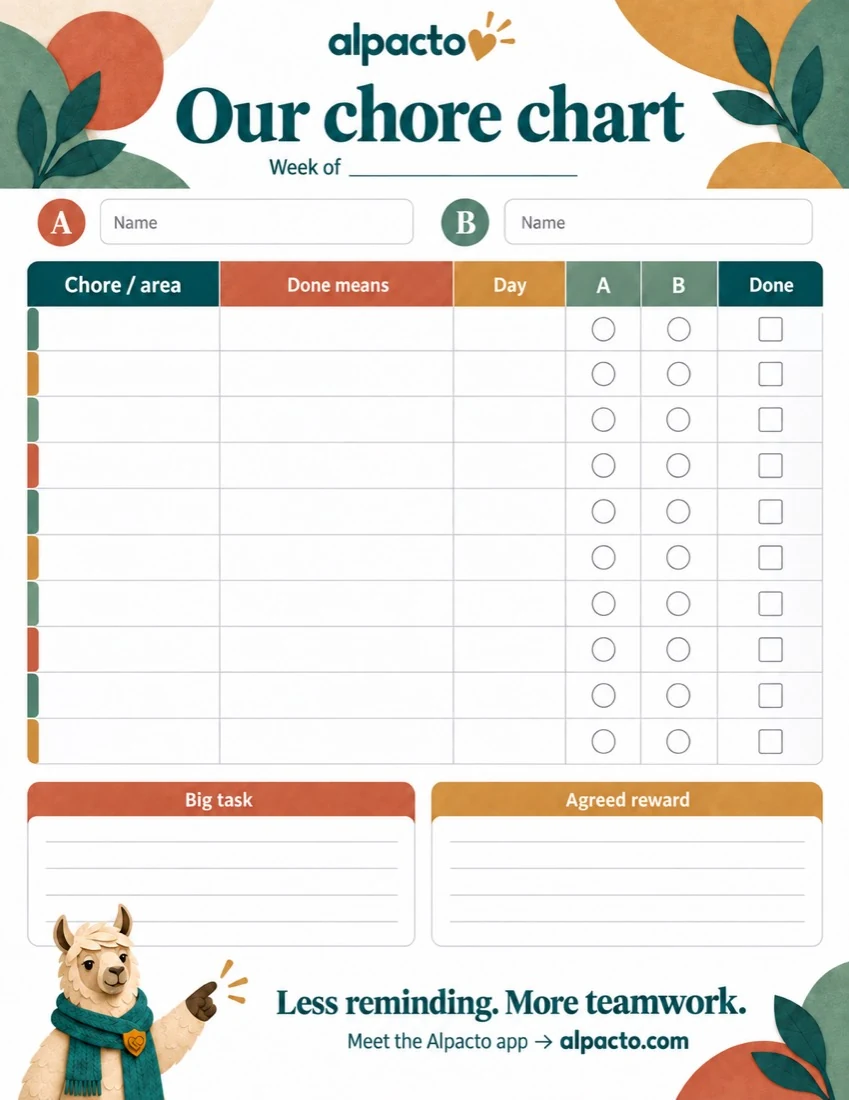 The couples chore chart in the color design, blank and ready to print