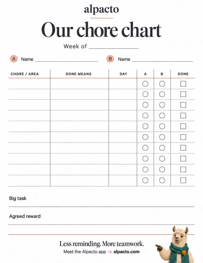 Chore chart for husband and wife, blank
