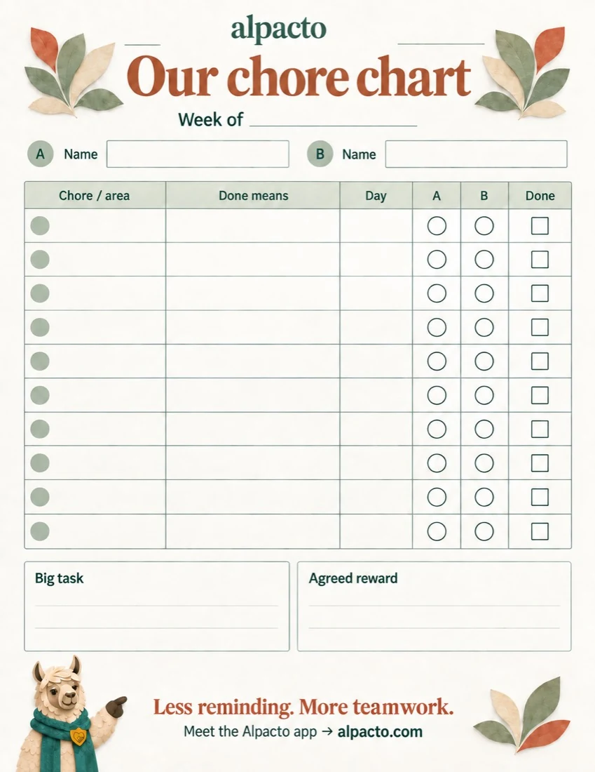 The couples chore chart in the warm design, blank and ready to print
