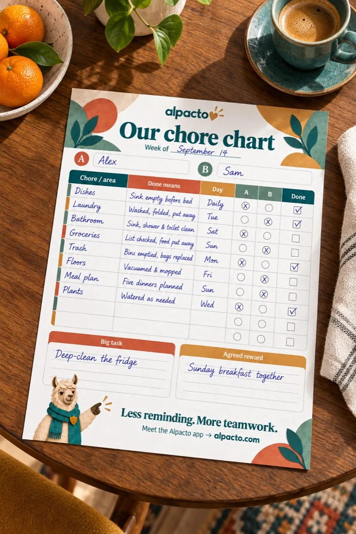 The husband and wife chore chart filled in, on the breakfast table