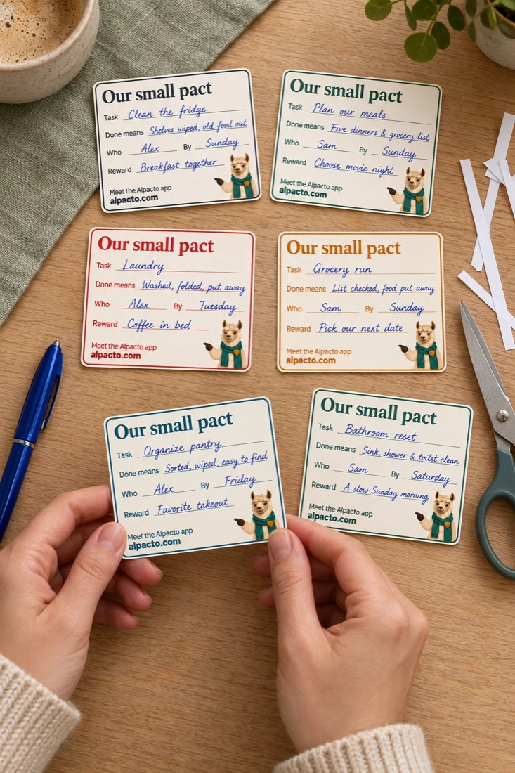 The printed chart and the cut-out pact cards on a desk