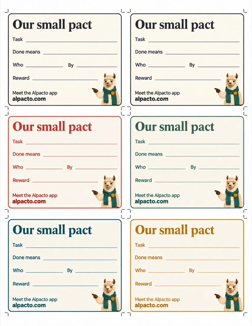 Small pact cards that come with the chart, blank and ready to print
