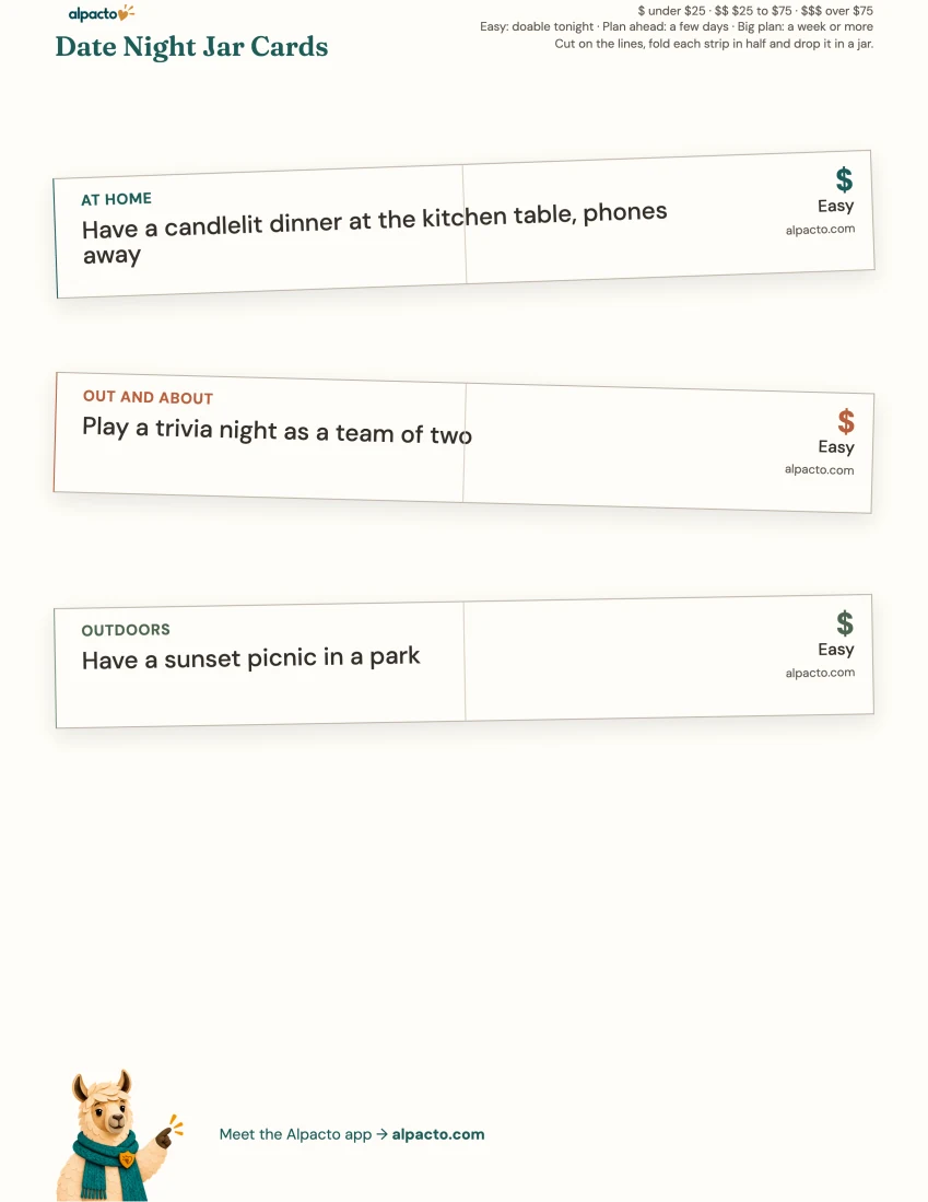 Three strips drawn from the jar: candlelit dinner at home, trivia night as a team of two, sunset picnic in a park, each $ and Easy