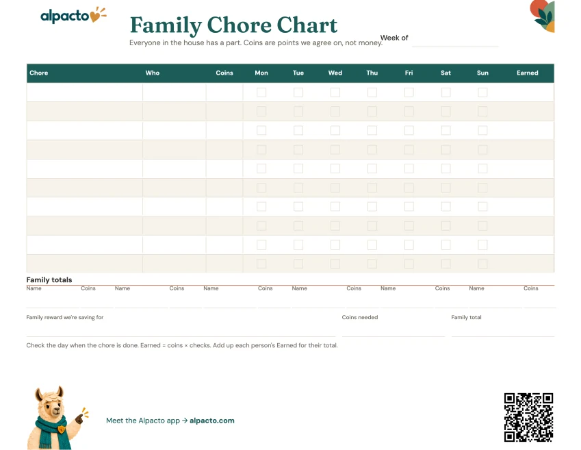 Family Chore Chart, color design, blank, teal header band and striped rows