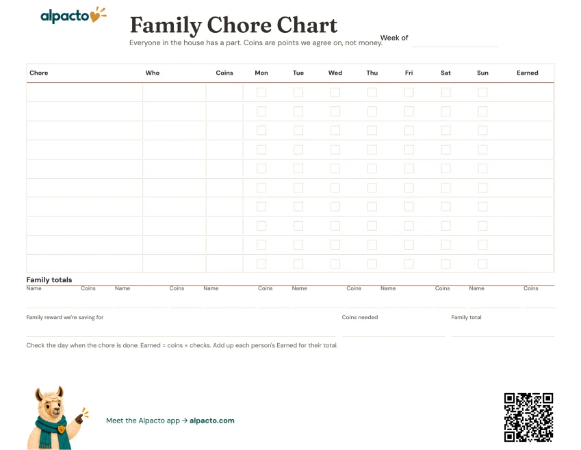 Family chore chart printable, blank